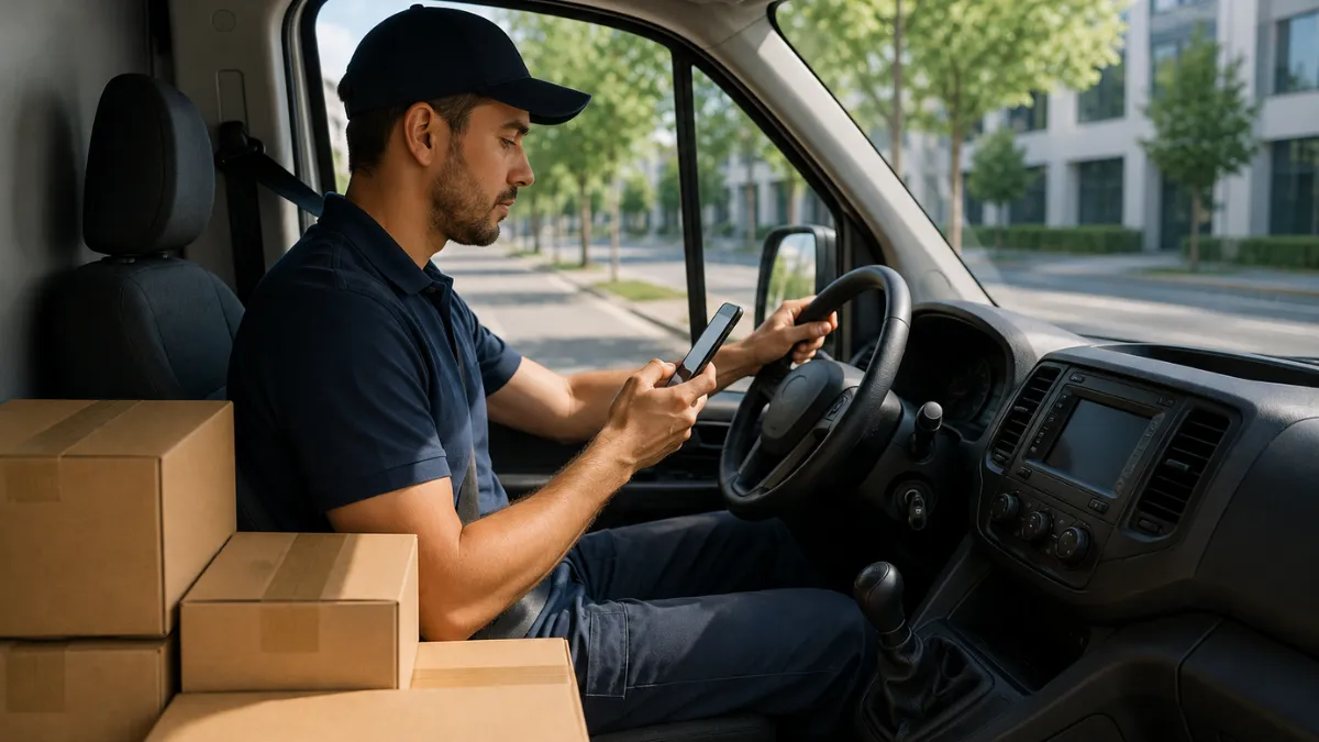 Driver using a freight app for local delivery services with real-time shipment tracking for business deliveries.