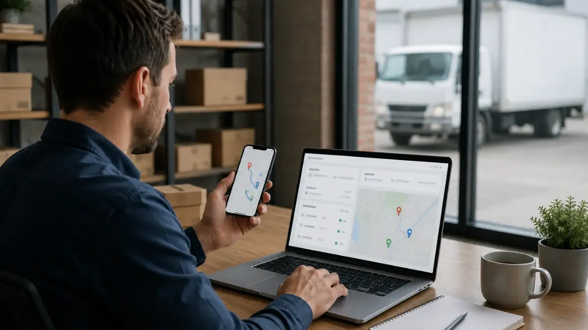 Small business owner using GoFreightMate freight management app to schedule and track local deliveries in real time.