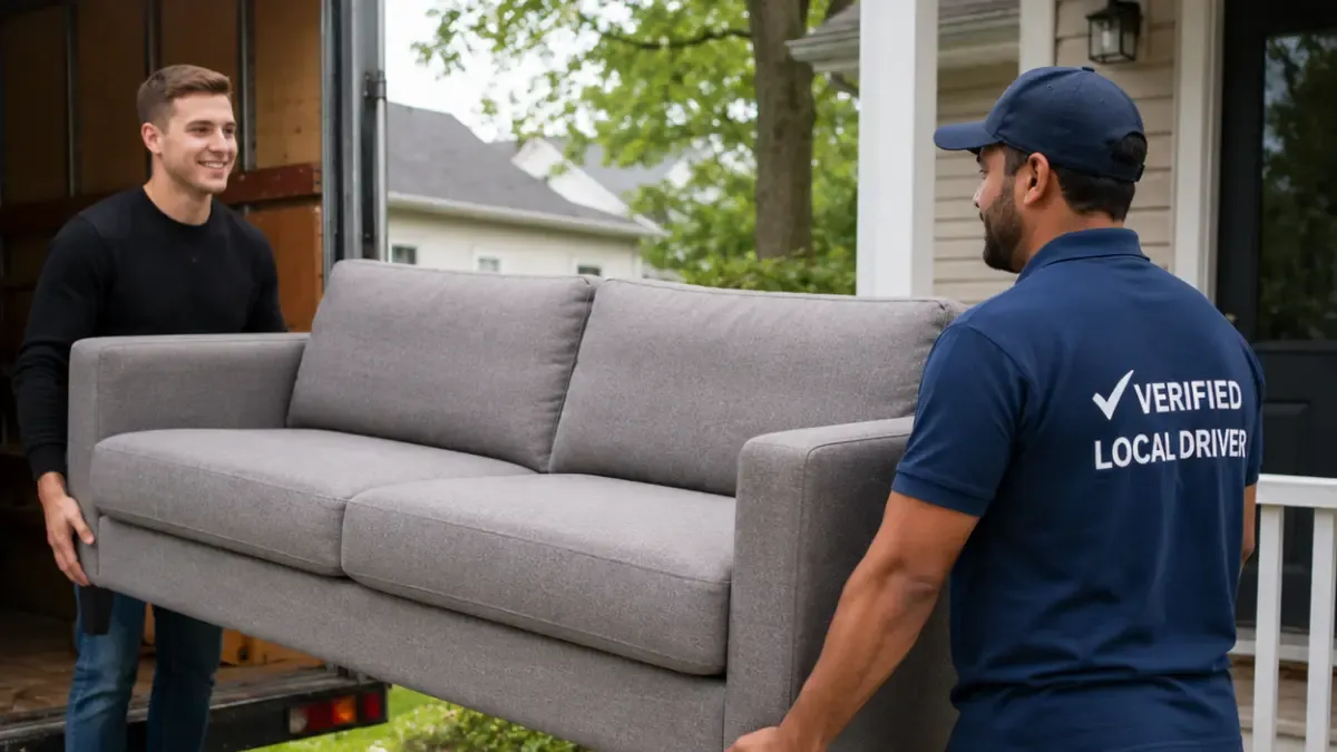 Verified local driver delivering a Facebook Marketplace furniture purchase using a local delivery app.