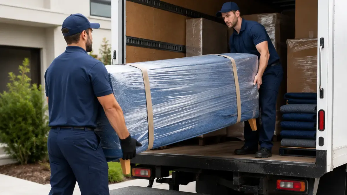 Professional delivery personnel safely transporting large furniture using local freight delivery services.